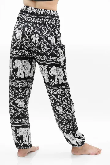 Unisex Bohemian Elephant Lattice Print Harem Pants- Black