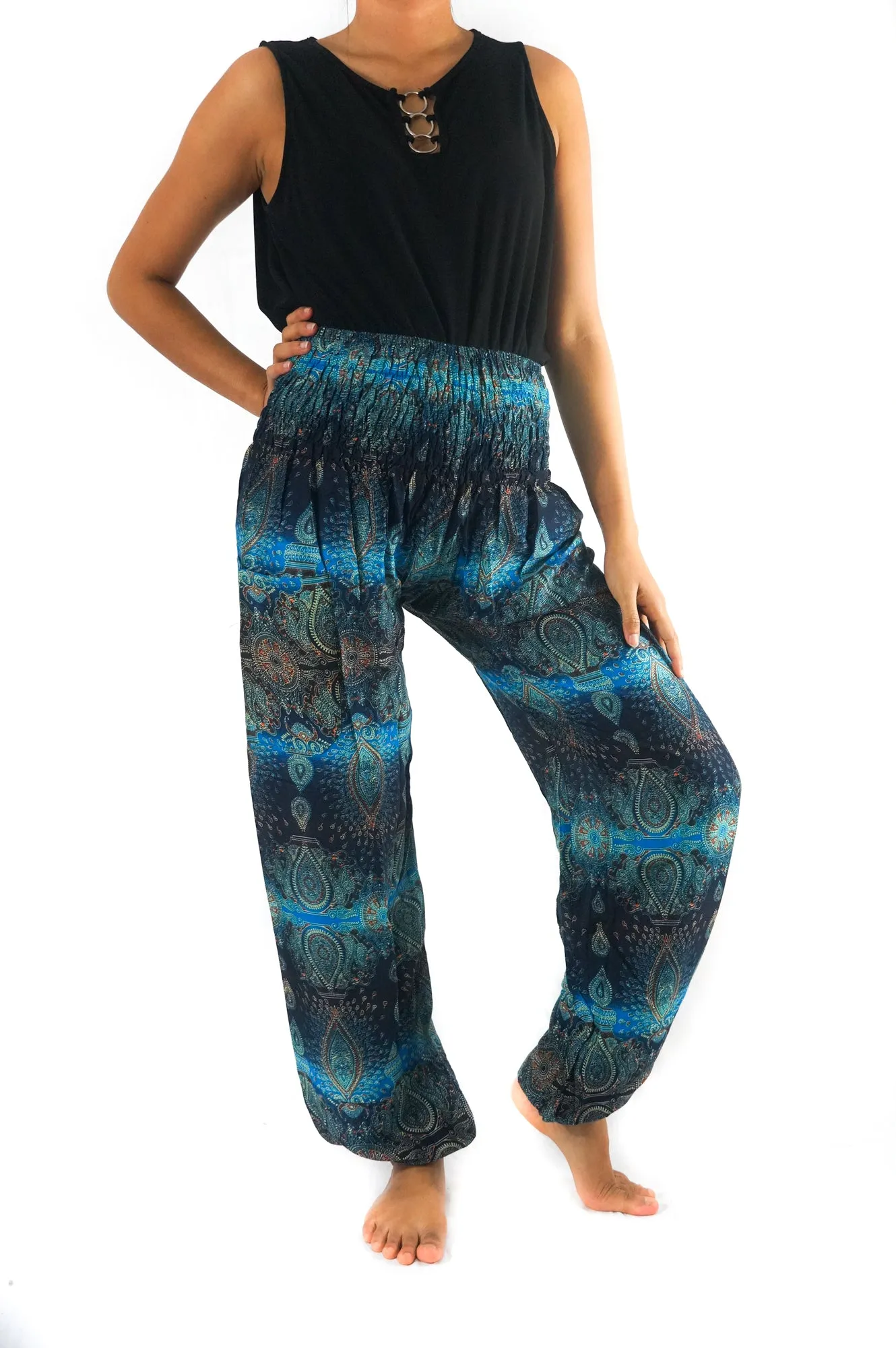 Unisex Bohemian Paisley Harem Pants- Turquoise/Black